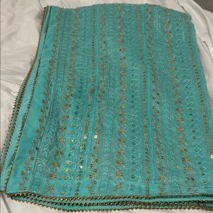 Duppatta shawl teal green shade. Embroidered gold thread gold sequins work NWOT